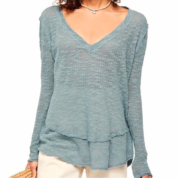 Free People Tops - Free People Crochet Knit Long Sleeve Slouchy Pullover Top Sea Foam Blue Green